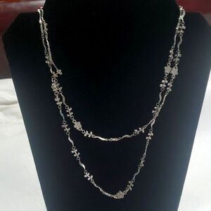 Cookie Lee Silver Tone Long 19 Inch Leaf Rhinestone Double Necklace Signed